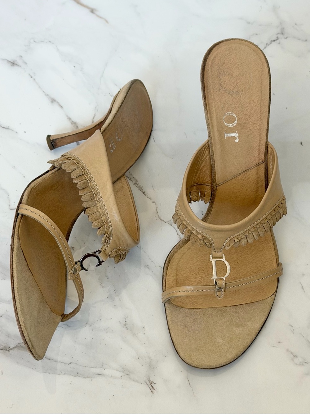 Rare Dior Galliano Fringe Suede CD Charm Logo Mule Sandal Heels